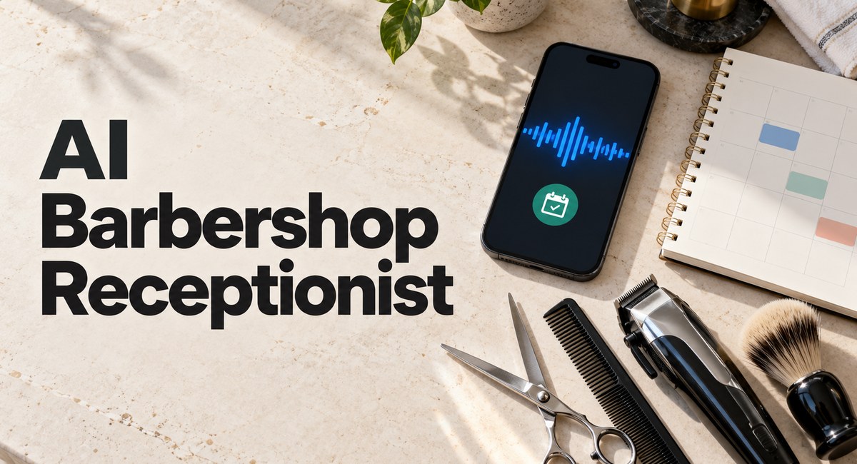 AI Barbershop Receptionist lettering above a headset-wearing virtual receptionist in a barbershop interior
