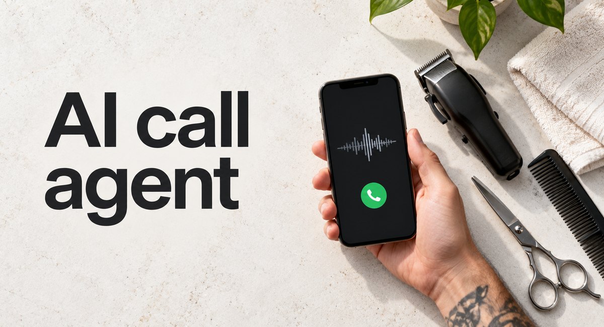 AI call agent lettering beside a hand holding a phone showing a live call waveform, with clippers, scissors and a comb on a stone counter
