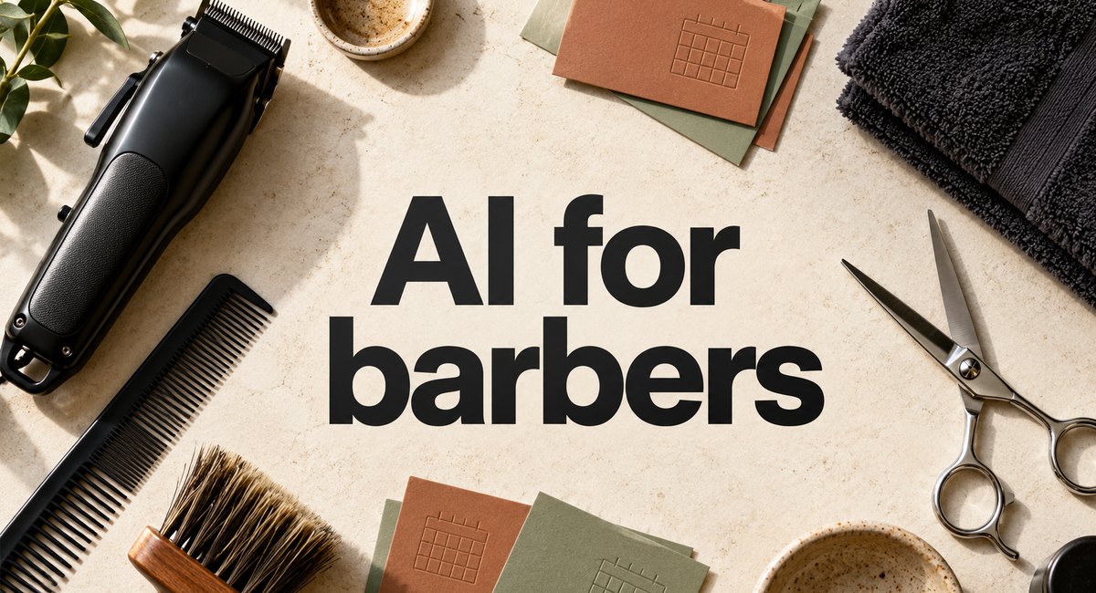 AI for barbers lettering on a stone counter surrounded by clippers, a comb, scissors, a brush and calendar cards