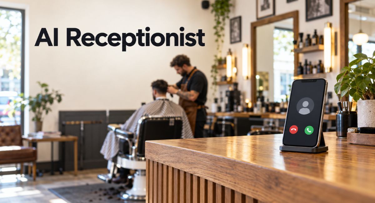 AI Receptionist lettering on a barbershop wall while a barber cuts a client’s hair and a smartphone on the counter shows an incoming call
