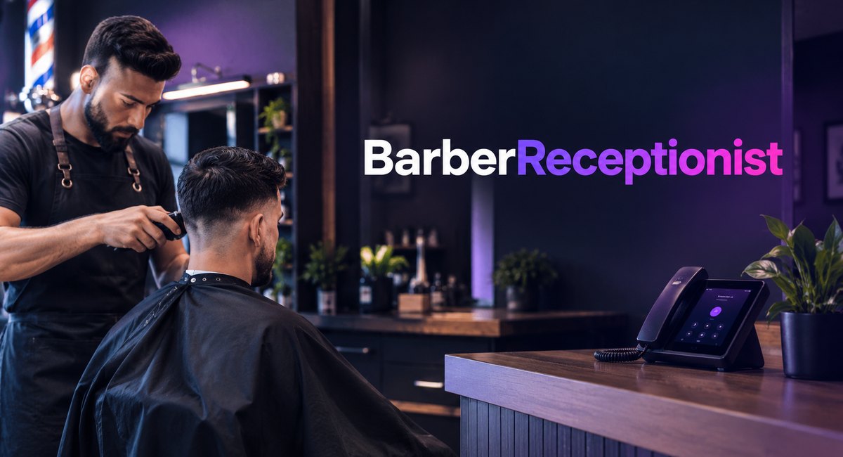 BarberReceptionist lettering in a barbershop where a barber cuts a client's hair beside a desk phone on the counter