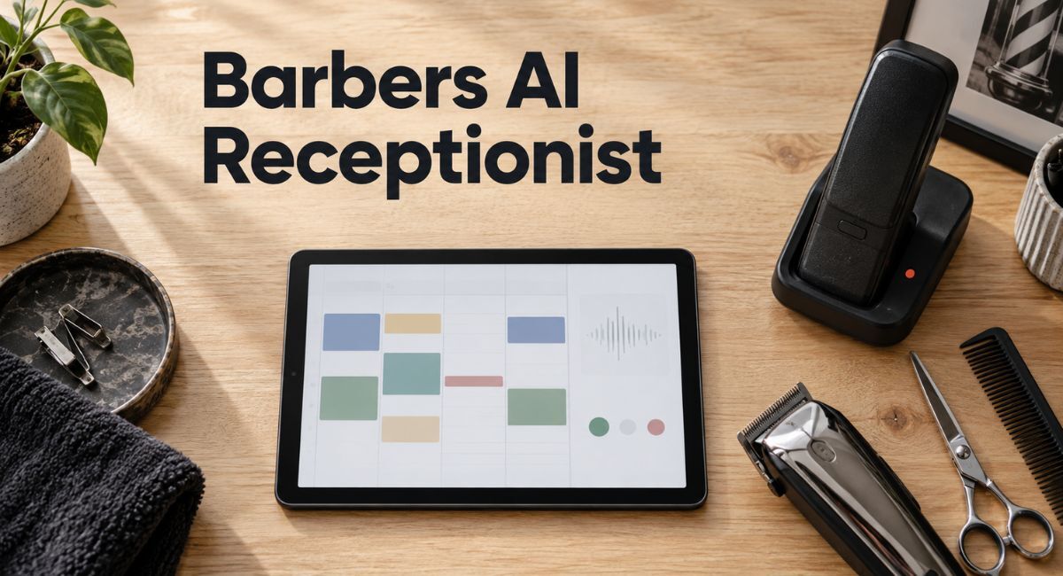Tablet showing a booking calendar and voice waveform on a wooden barbershop counter, next to a cordless phone, clippers, scissors and a comb