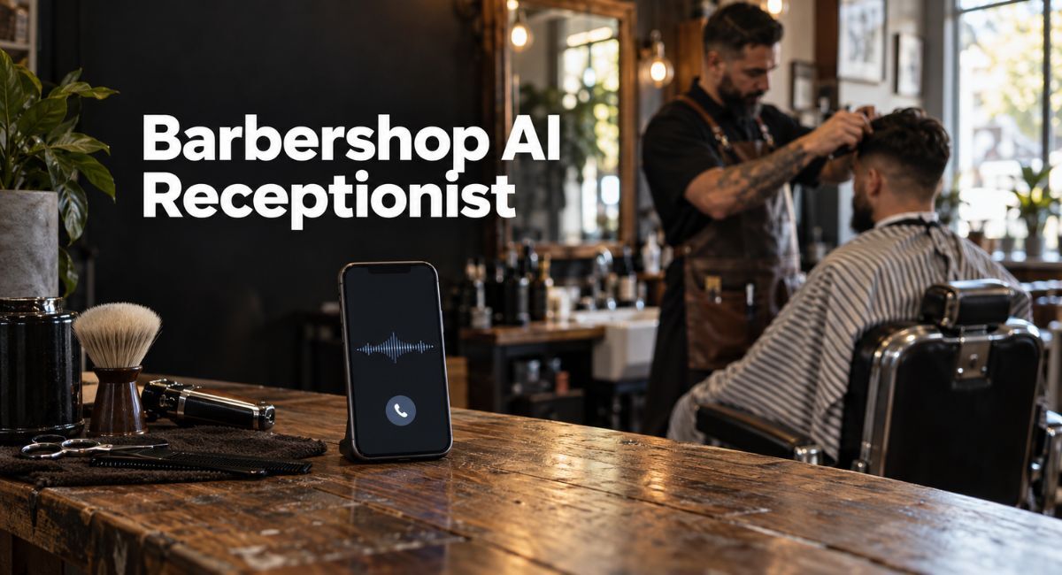 Smartphone on a barbershop counter showing an incoming call being answered while a barber cuts a client's hair in the background