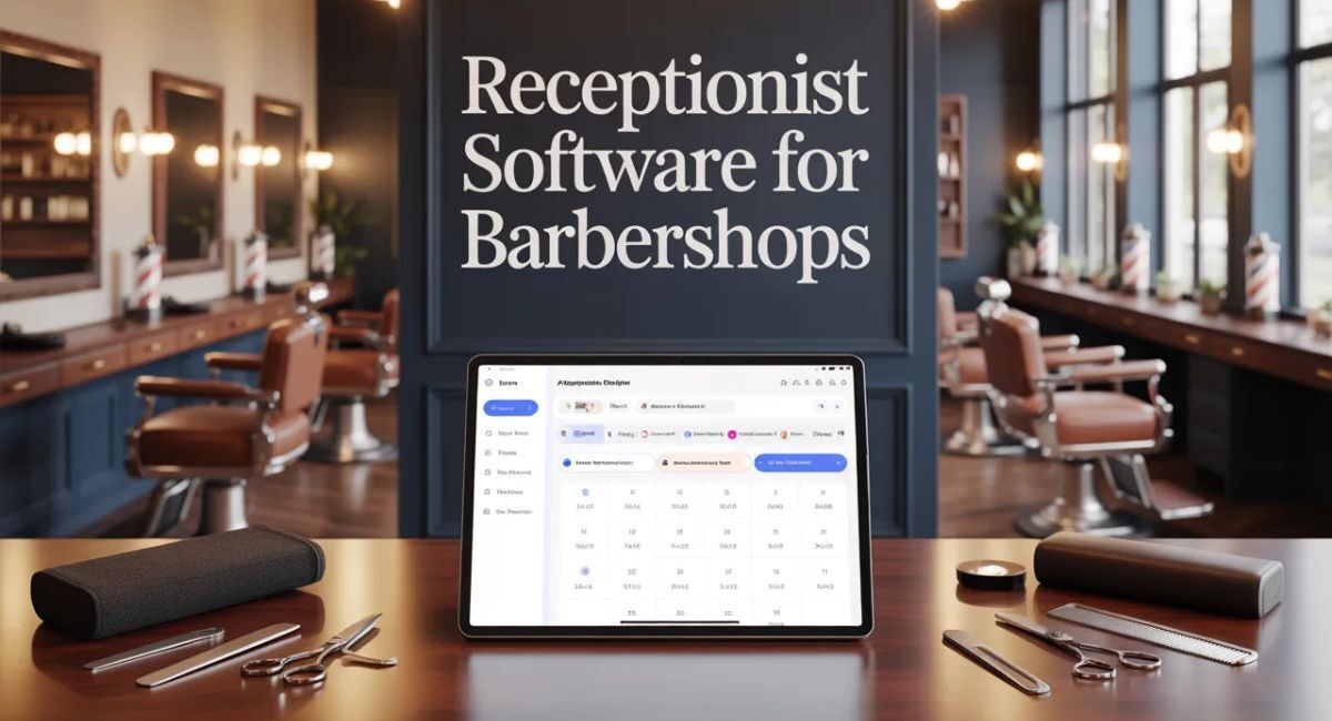 Receptionist Software for Barbershops lettering above a tablet showing a booking calendar on a barbershop counter