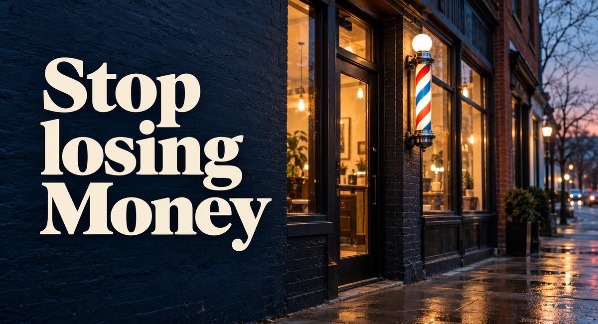 Stop losing Money lettering on a dark brick wall beside a lit barbershop front with a barber pole at dusk